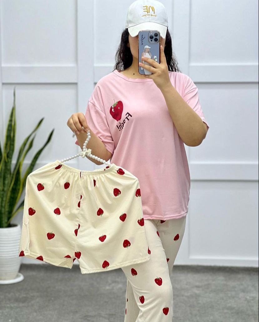 Pink Strawberries 3 piece nightwear