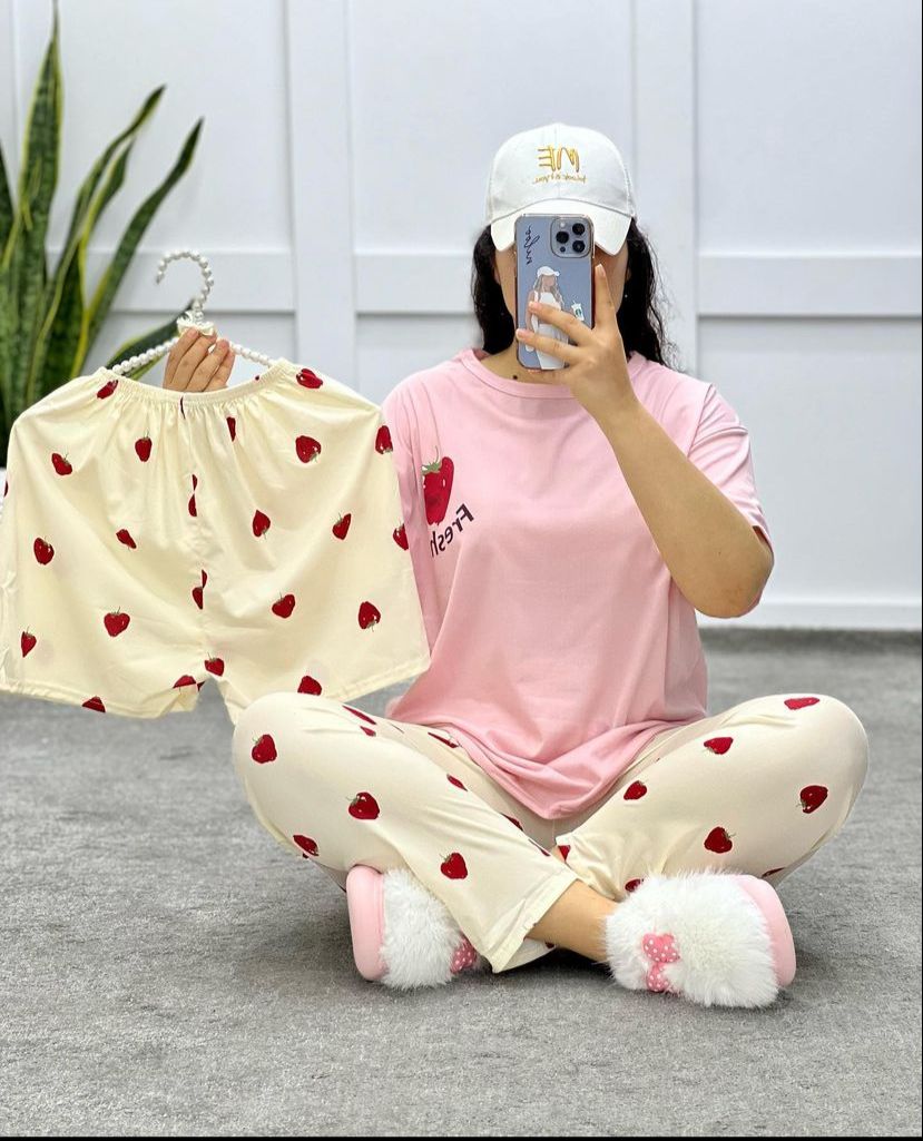 Pink Strawberries 3 piece nightwear