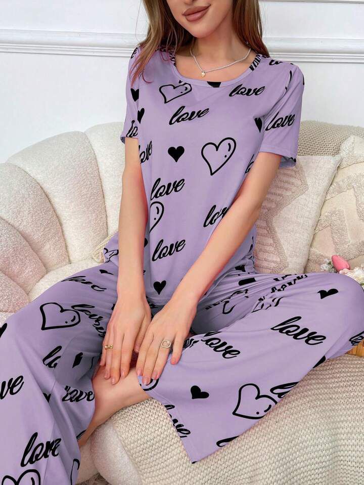 Love Heart Printed PJ Set (Purple)
