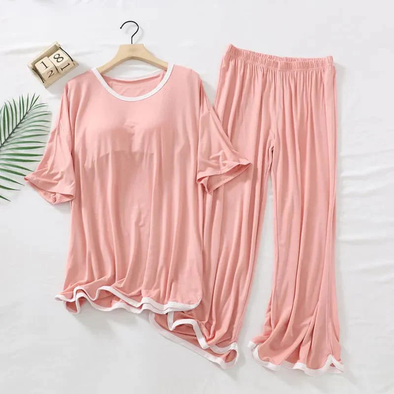 Half sleeves Pink with white round neck Pajama Night Suit