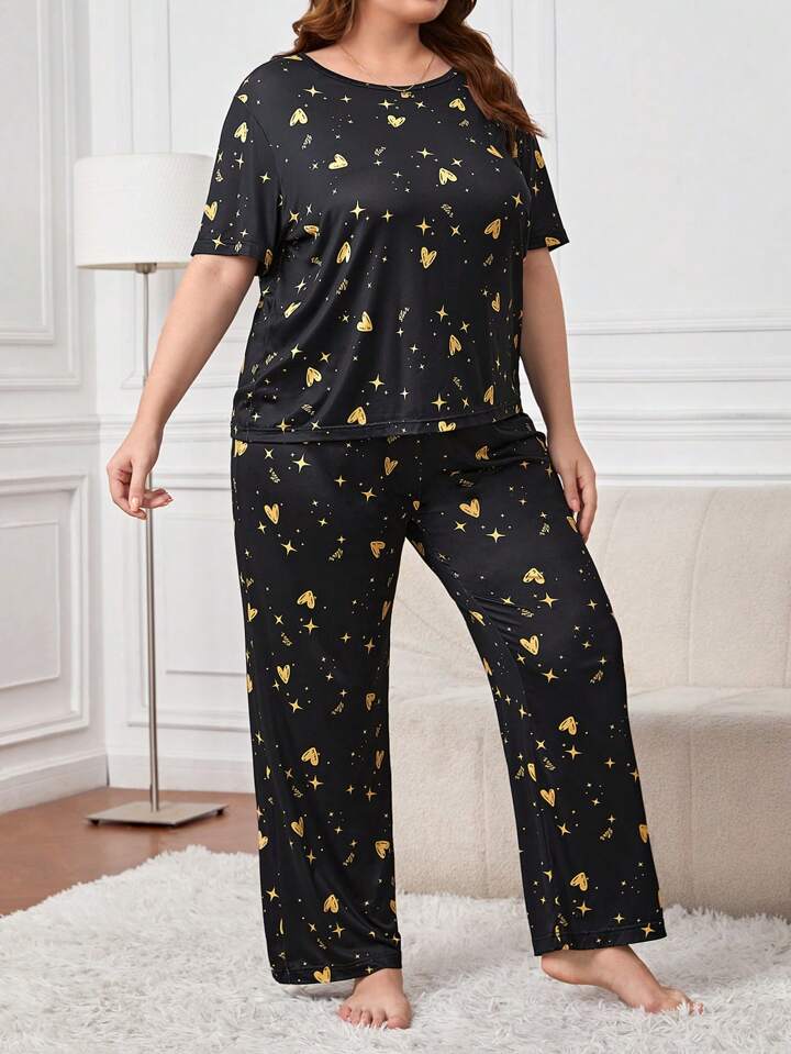 Black Heart & Star Printed PJ Set
