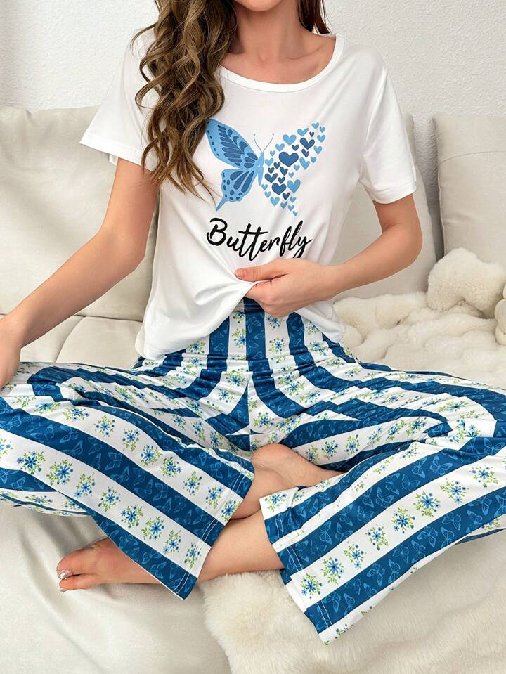 Blue Floral Butterfly Pj Set