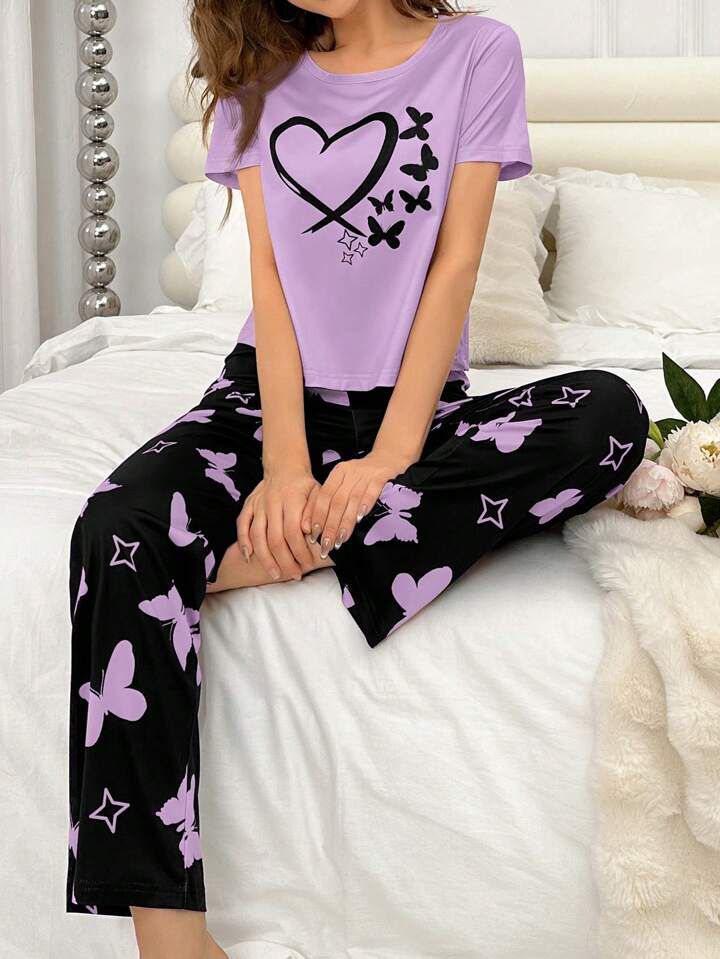 Purple Heart & Butterfly Printed PJ Set