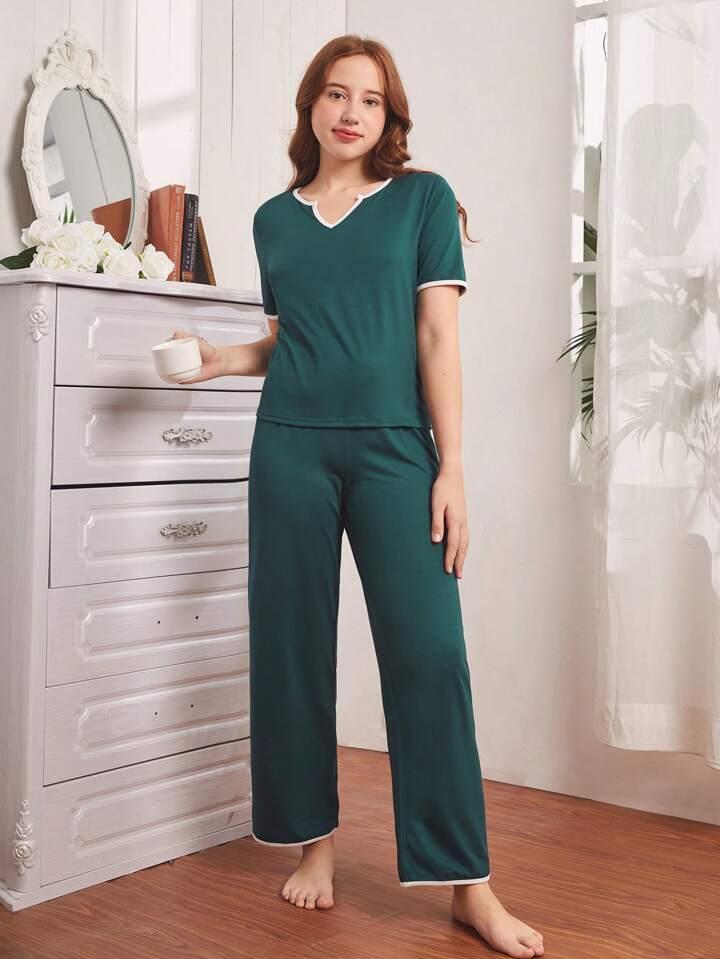 Green Plain V Neck Pj Set
