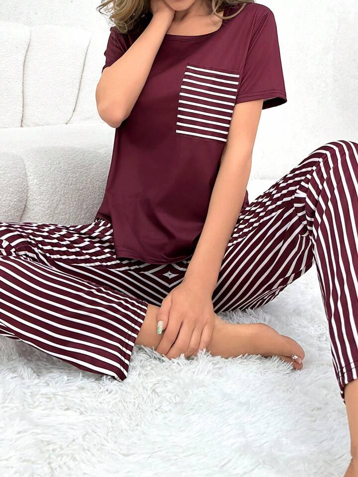 Maroon Pocket Printed Pj set