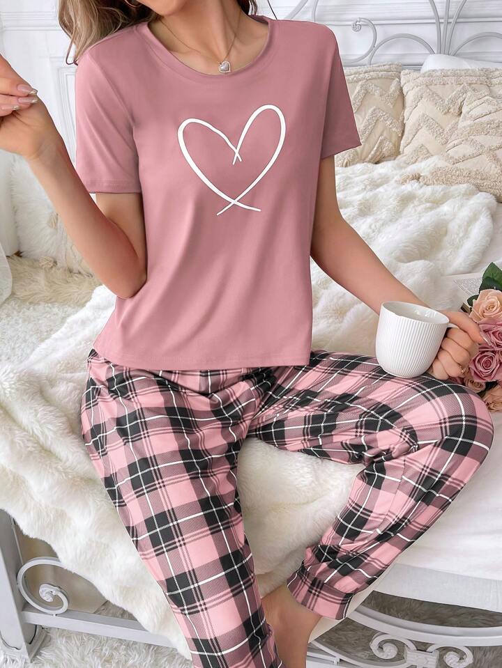 Pink Check Heart Printed Pj Set