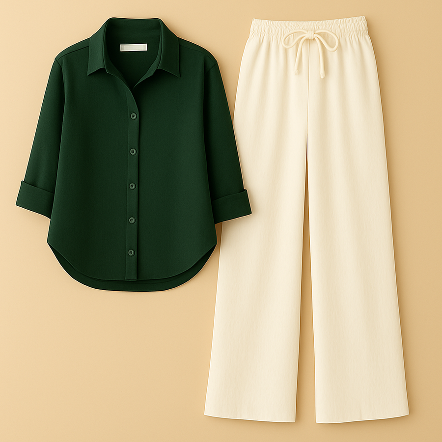 Dark Green Shirt + Beige Trouser Duo Set