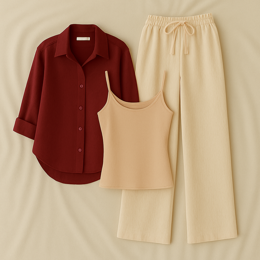 Maroon Shirt + Beige Trouser and Beige Inner