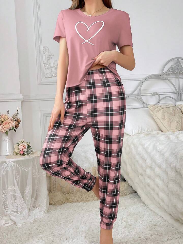 Pink Check Heart Printed Pj Set