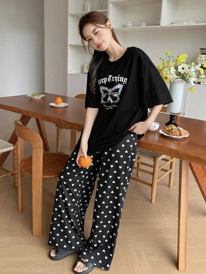 Black Polka Butterfly Printed Pj Seti
