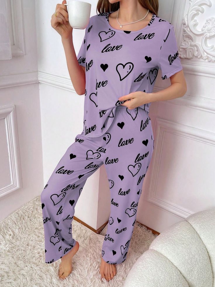 Love Heart Printed PJ Set (Purple)