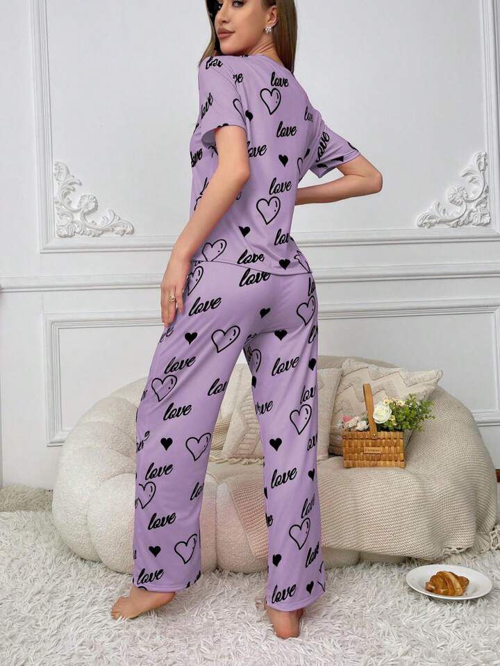 Love Heart Printed PJ Set (Purple)